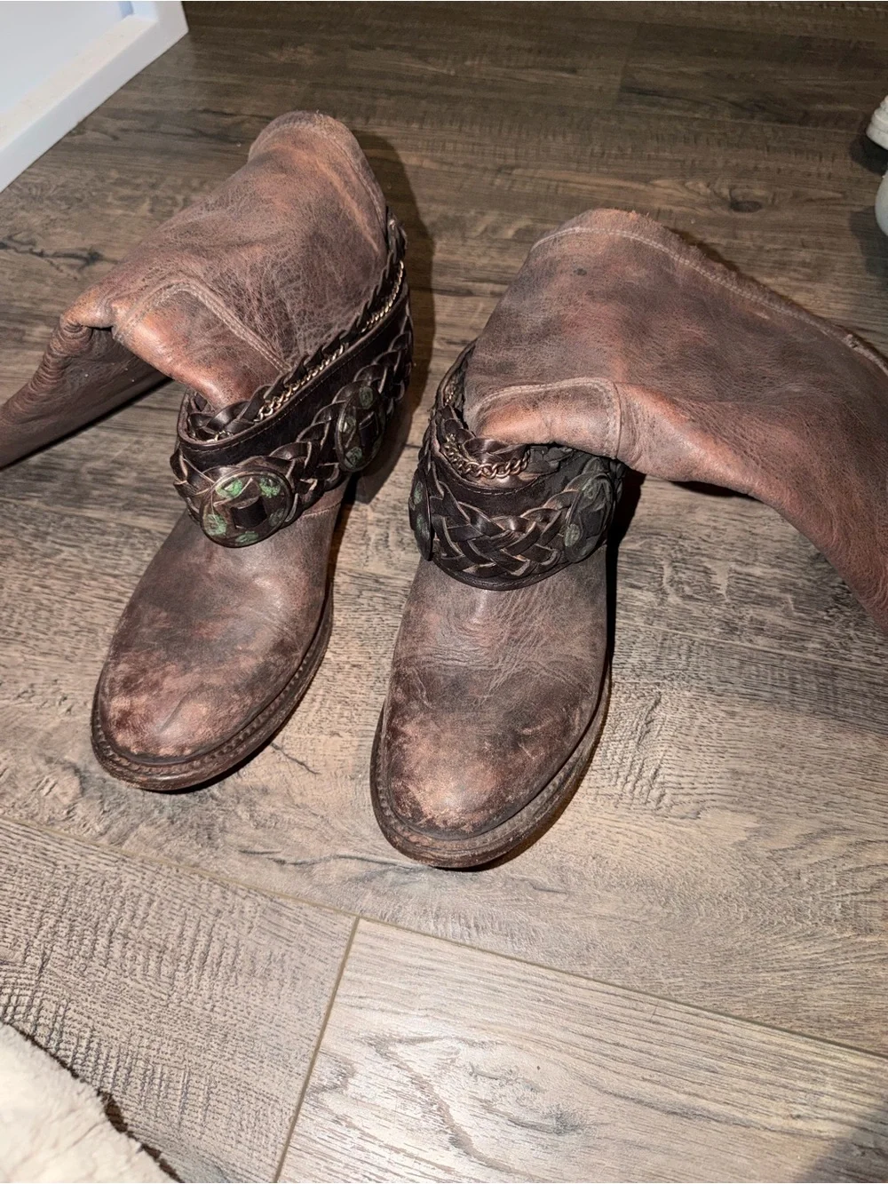 Freebird Rustic Brown Leather Mid-Calf Boots with Braided Strap - Picture 1 of 5